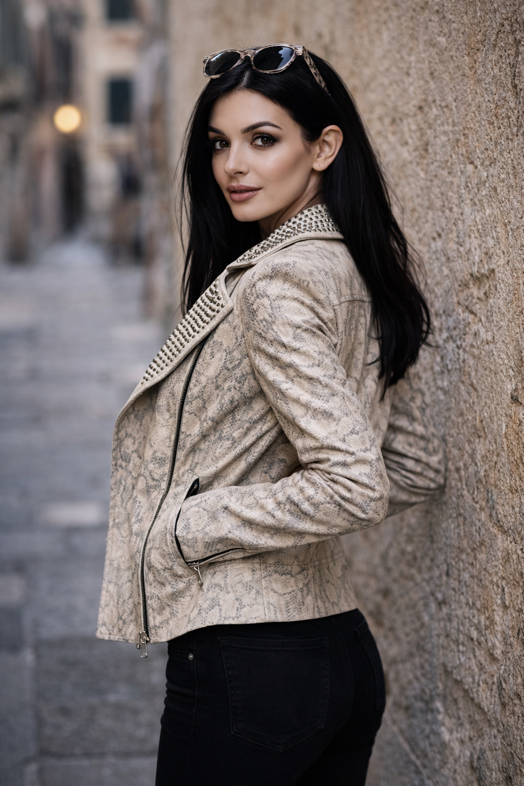 Women's Silver Dust Serpent Jacket – High-Gloss Snake Embossed Leather