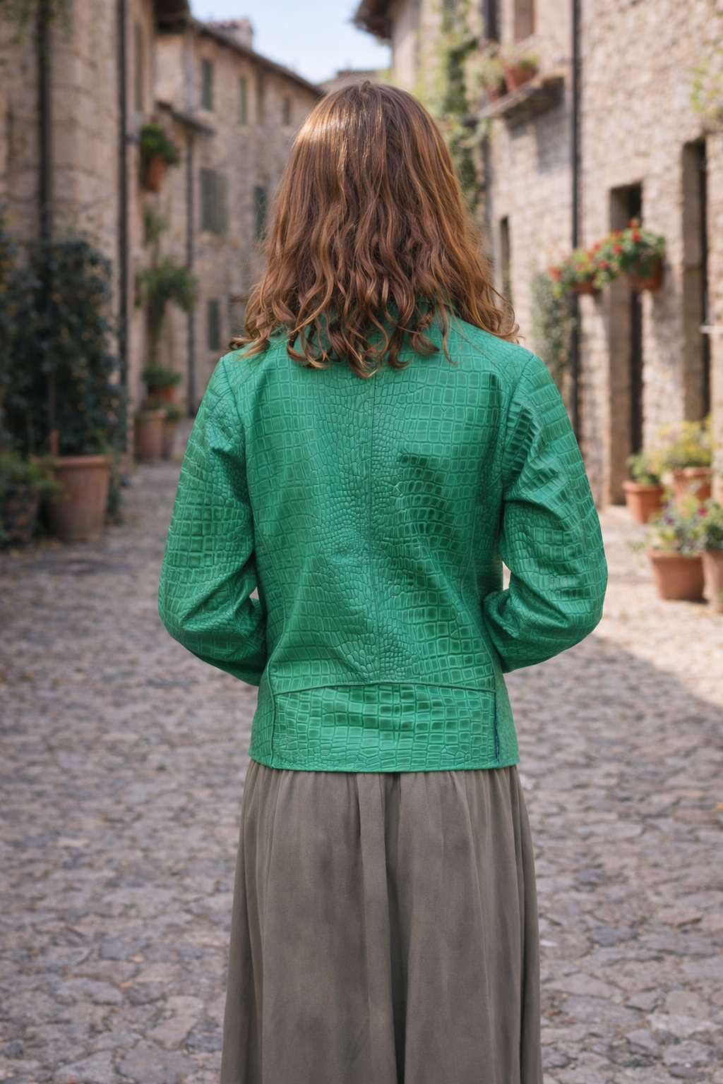 Kids Green Crocodile-Embossed Moto Jacket – Bold with Classic Zipper