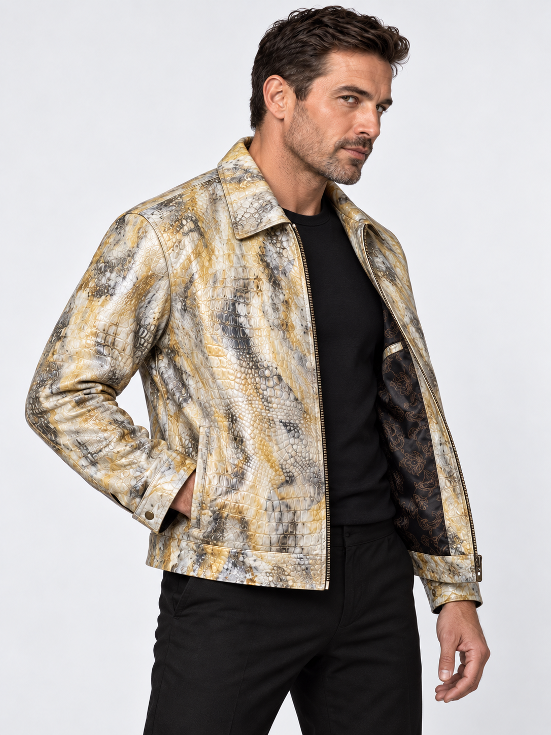 Yellow Crocodile Embossed Leather Jacket for Men – Handcrafted