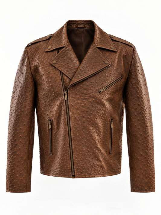 Men's Cognac Ostrich-Textured Leather Moto Jacket
