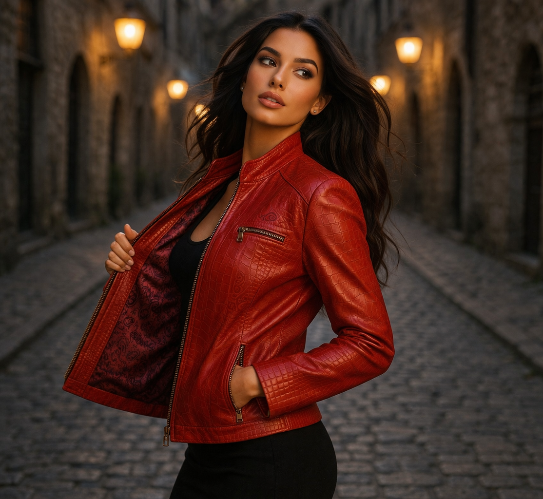 Women’s Croc-Print Leather Jacket in Fiery Red