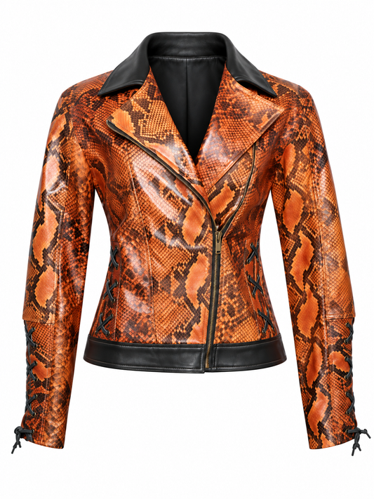 Women's Amber Python Moto Jacket – Exotic Embossed Leather with Modern Edge