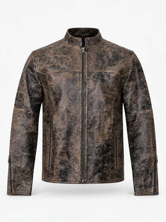 Men's Rustic Charcoal-Brown Leather Moto Jacket – Animal Embossed Finish