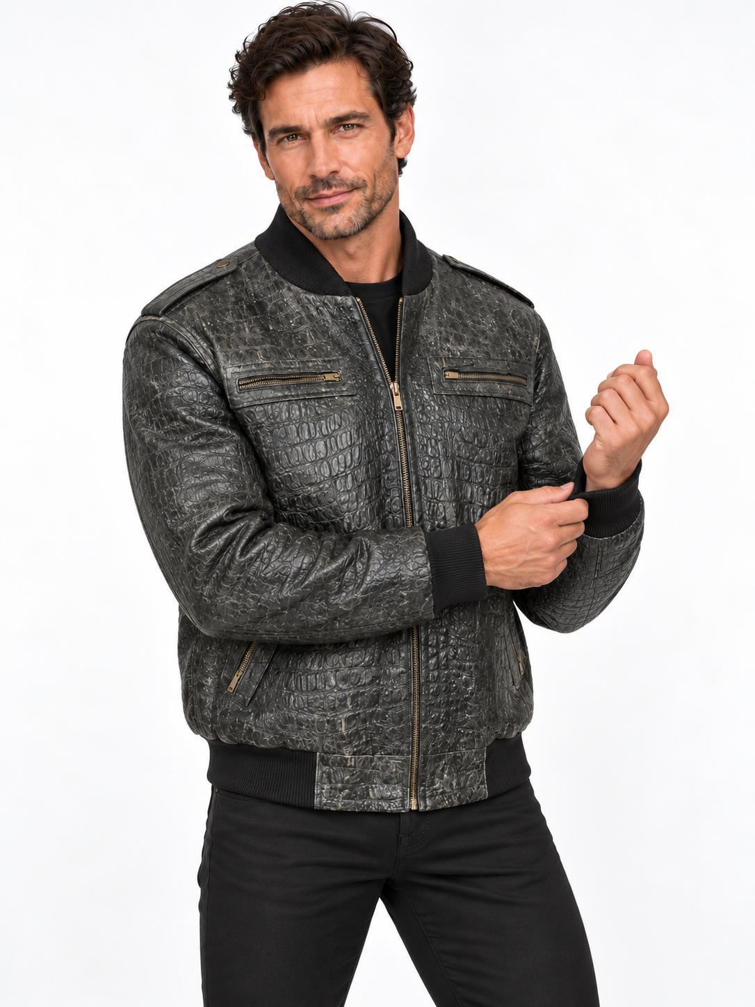 Men's Crocodile Embossed Leather Jacket – Distressed, Vintage Bomber Style