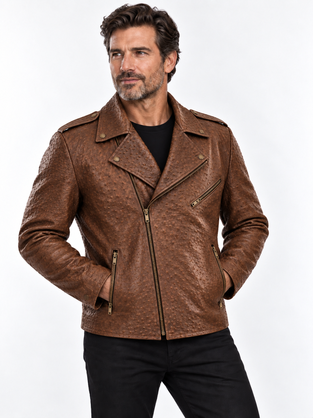Men's Cognac Ostrich-Textured Leather Moto Jacket