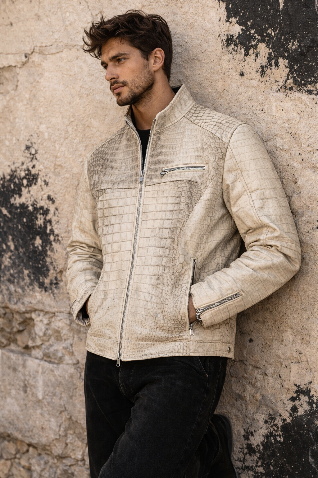 White Genuine Crocodile Leather Jacket Men back view — San Antonio TX