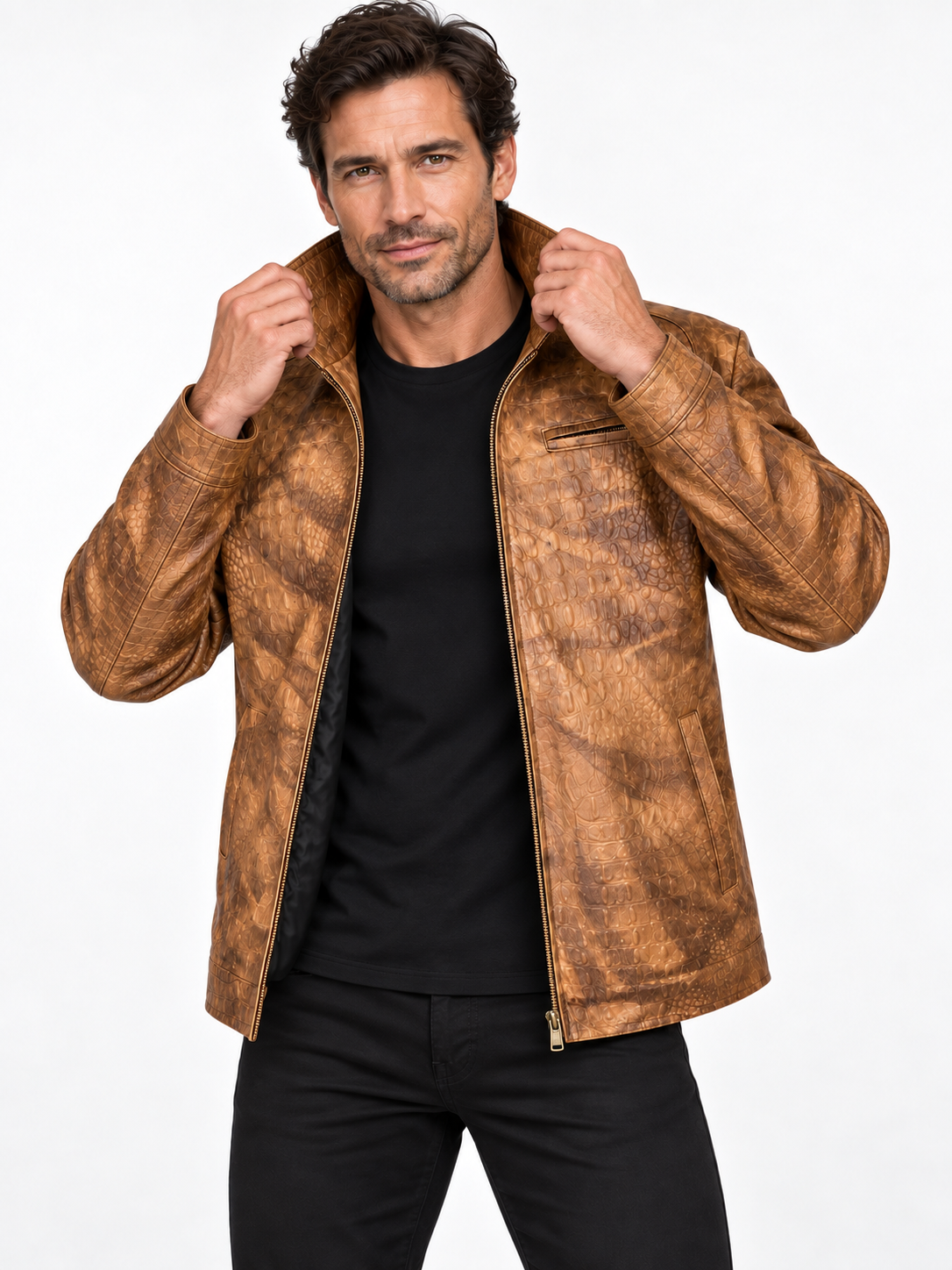 Men’s Leather Rider Jacket – Handcrafted Crocodile-Embossed