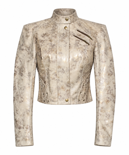 Women's Antique Petal Leather Jacket – Cropped Floral Design