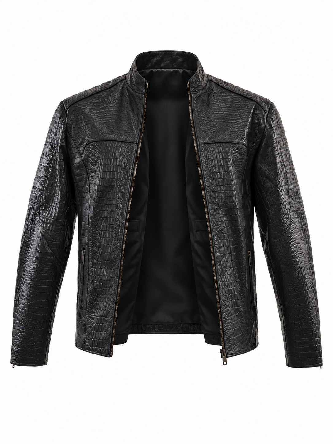 Men's Midnight Croc Leather Jacket – Sleek Black with High-Gloss Exotic
