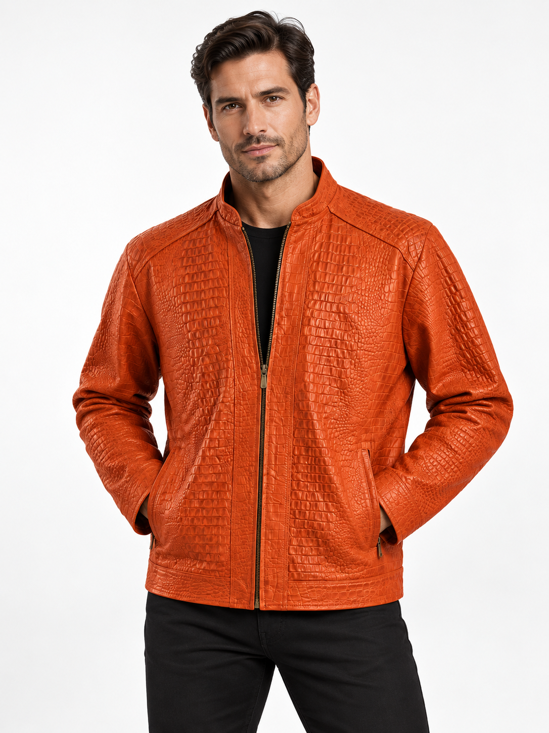 Men's Crocodile-Embossed Zip-Up Jacket in Sunset Orange