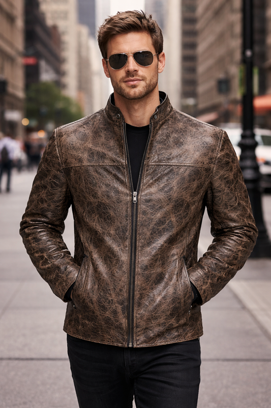 Men's Rustic Charcoal-Brown Leather Moto Jacket – Animal Embossed Finish