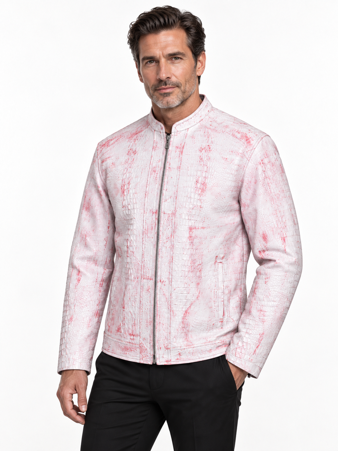 Men's Modern Artisan Crocodile-Embossed Leather Jacket – Blush White
