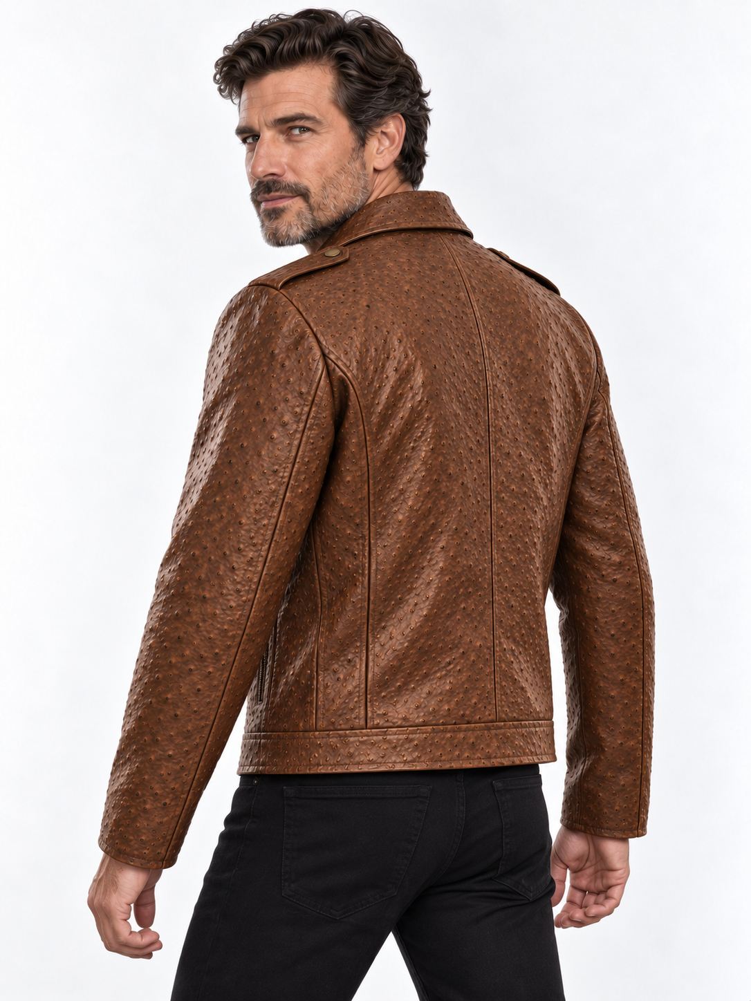 Men's Cognac Ostrich-Textured Leather Moto Jacket