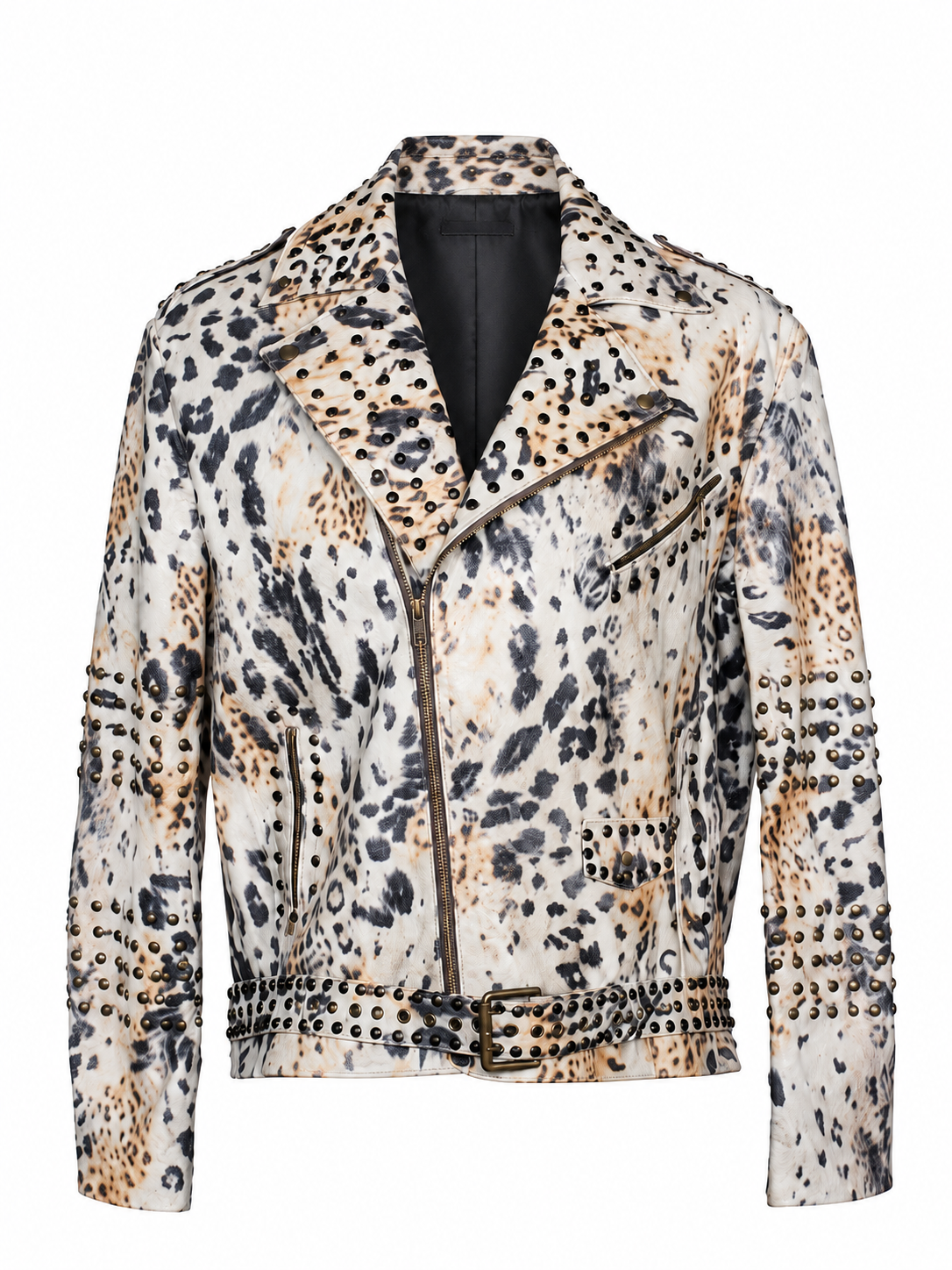 Men's Leopard-Pattern Leather Jacket with Stud Accents