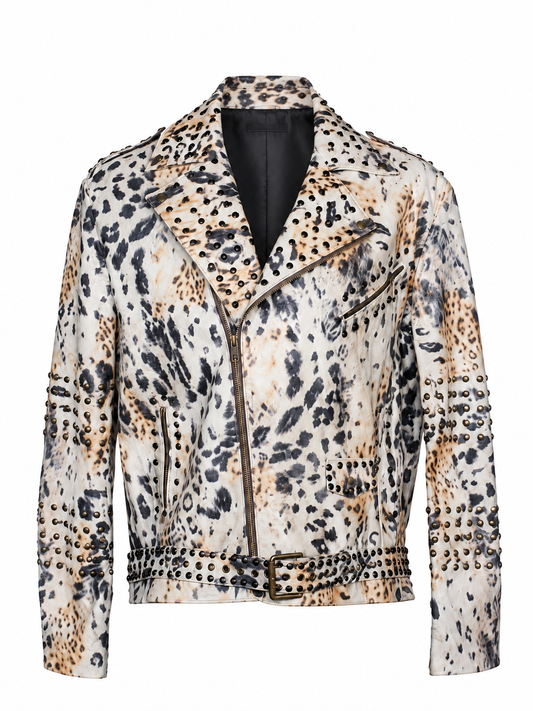 Men's Leopard-Pattern Leather Jacket with Stud Accents