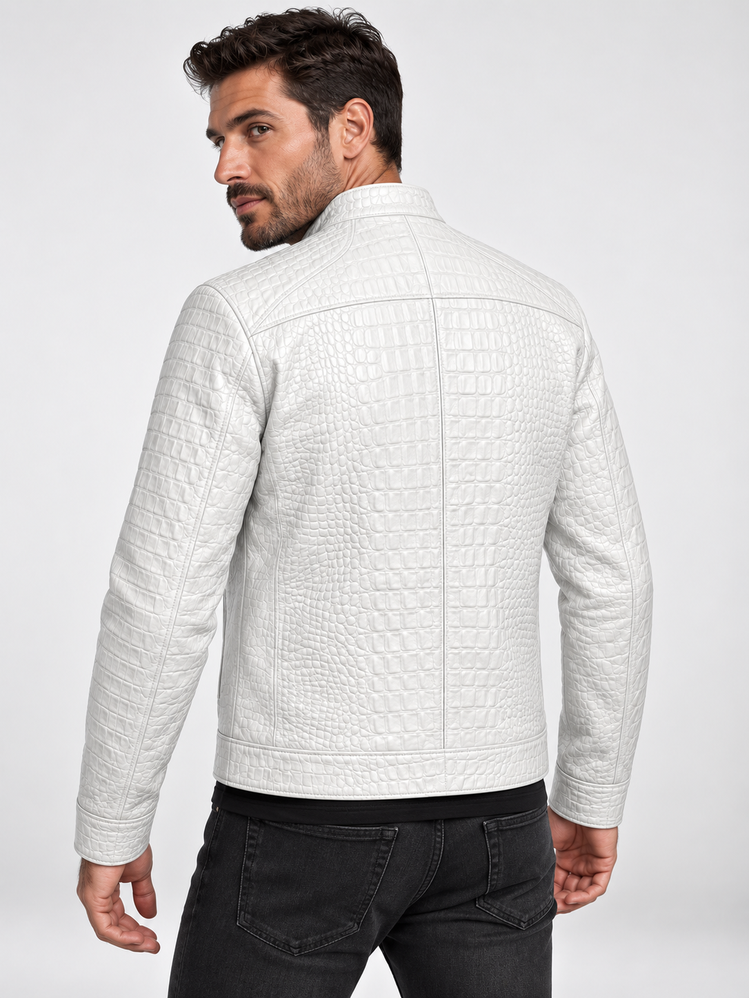 White Crocodile Embossed Leather Jacket