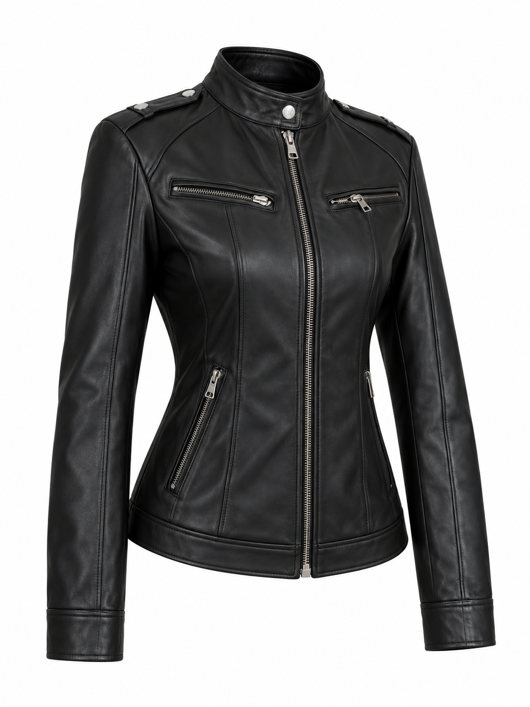 Women's black leather moto jacket— Biker Style with Silver