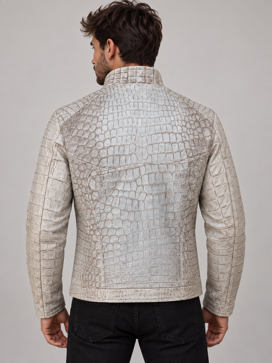 White Genuine Crocodile Leather Jacket – Men’s High-End Exotic Skin