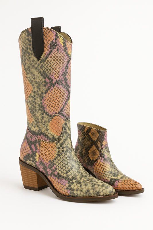 Colorful Snake Print leather Western & Ankle Style