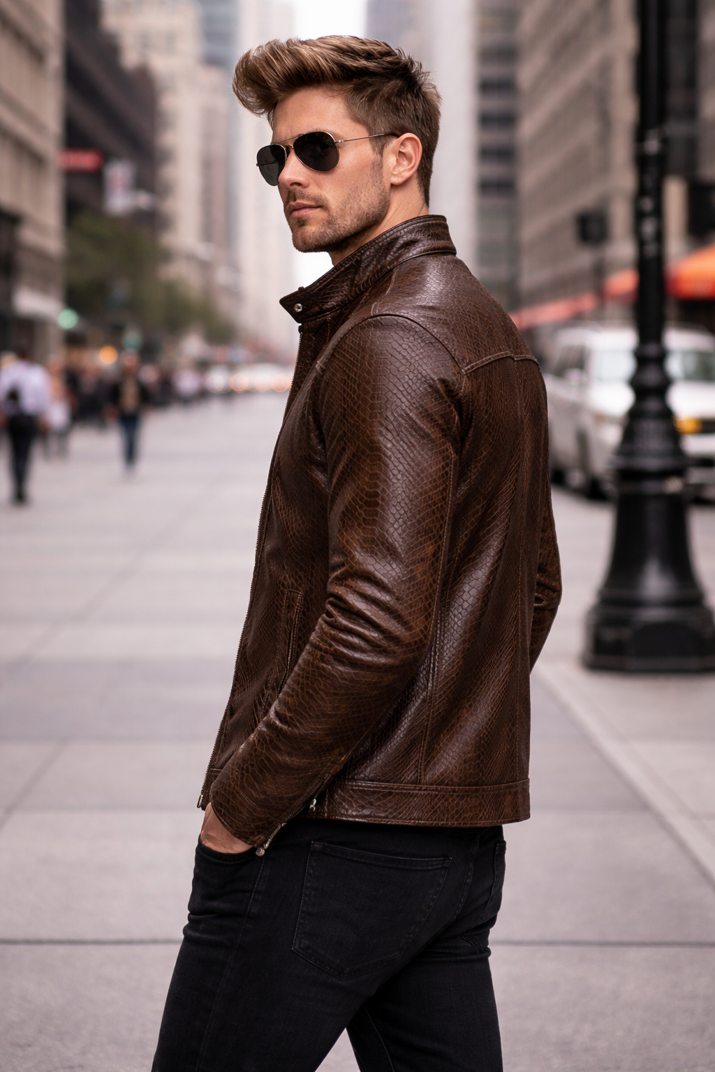 Men's Classic Brown Python-Textured Leather Jacket side view — St. Louis MO