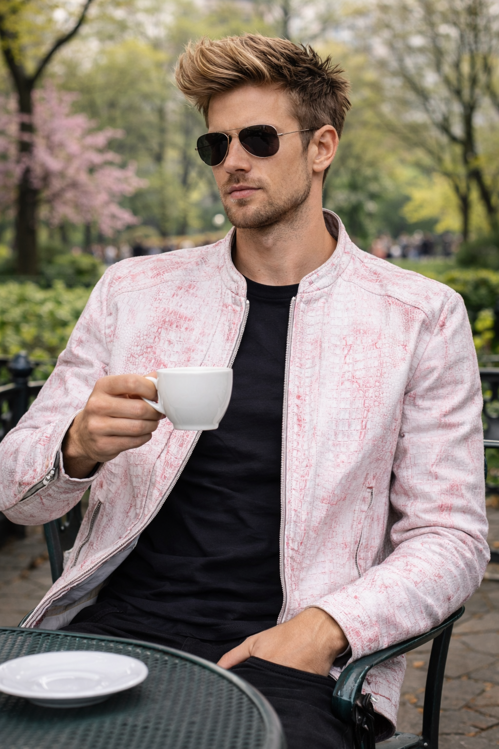 Men's Modern Artisan Crocodile-Embossed Leather Jacket – Blush White