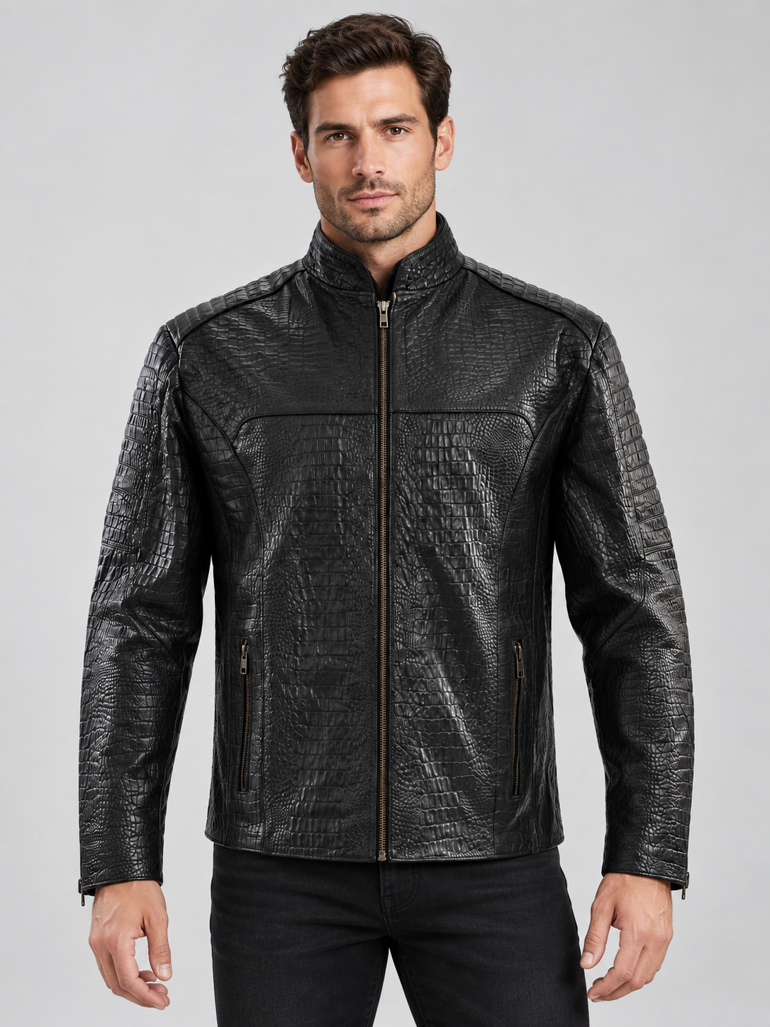 Men's Midnight Croc Leather Jacket – Sleek Black with High-Gloss Exotic