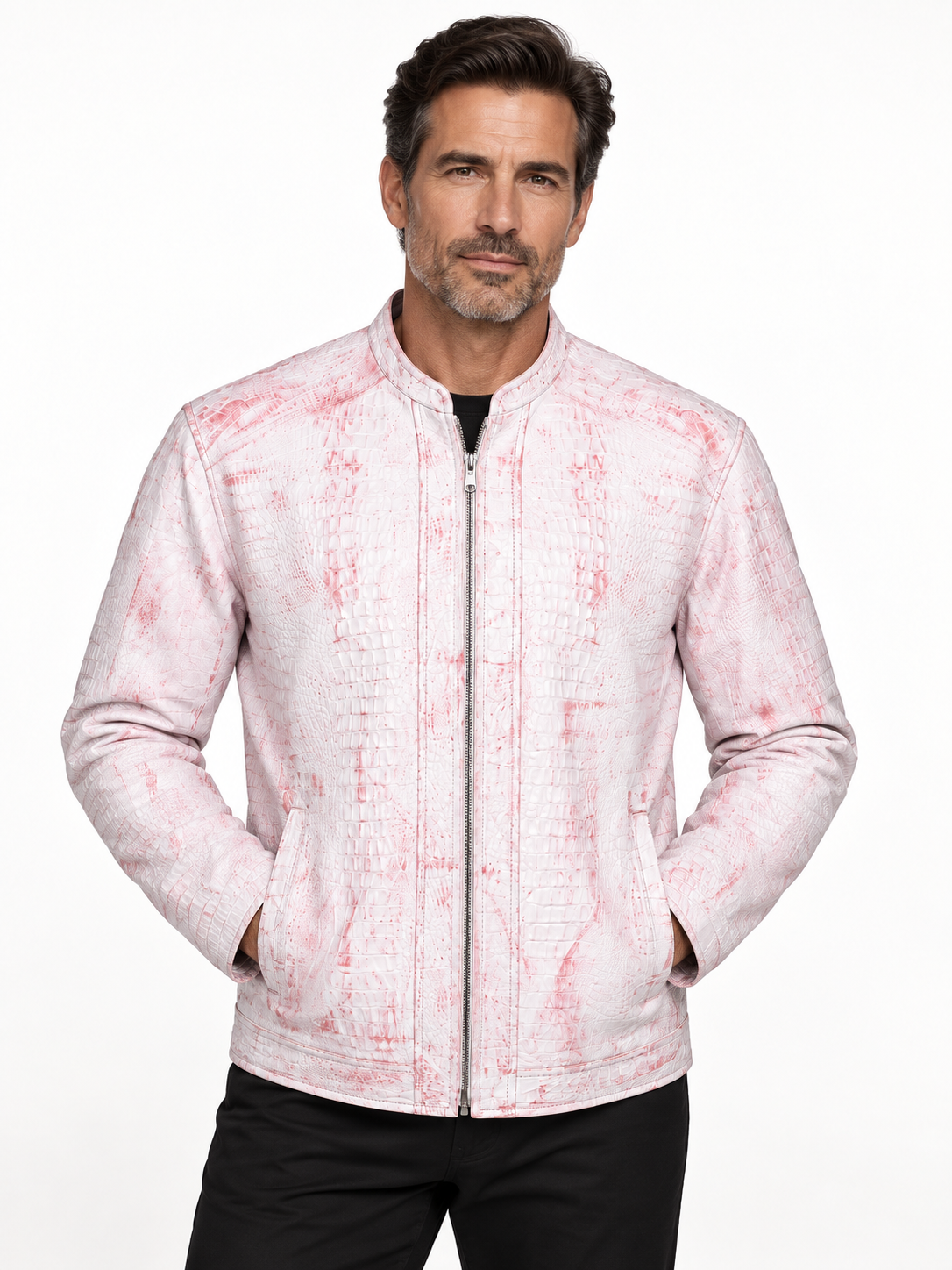 Men's Modern Artisan Crocodile-Embossed Leather Jacket – Blush White