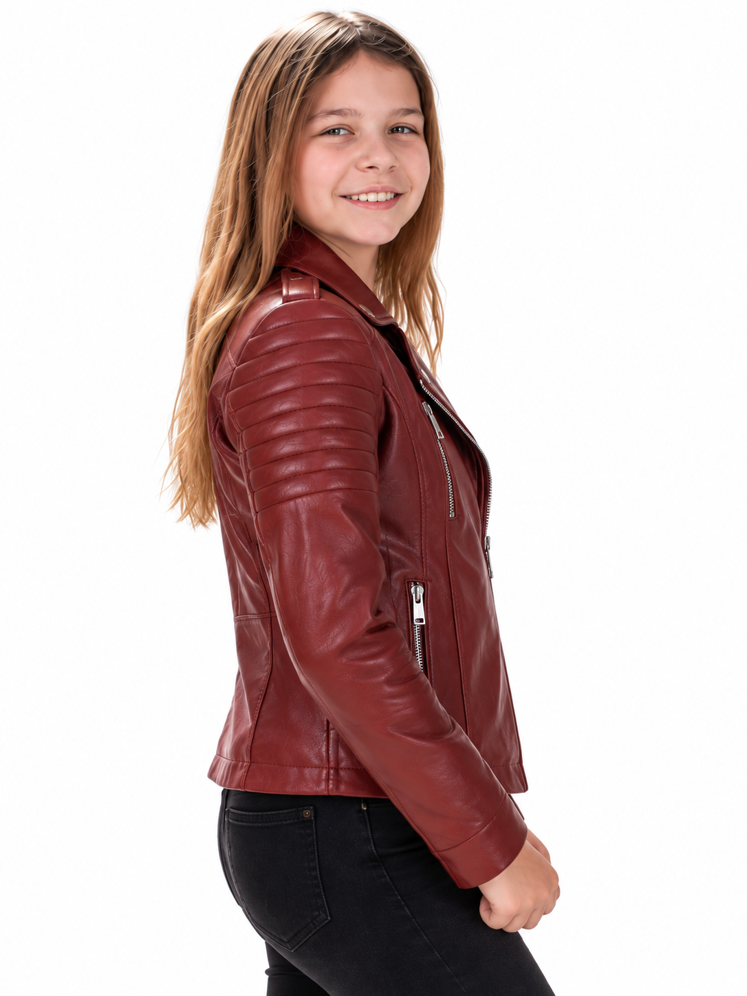 Burgundy Rebel — Girls’ Genuine Leather Moto Jacket