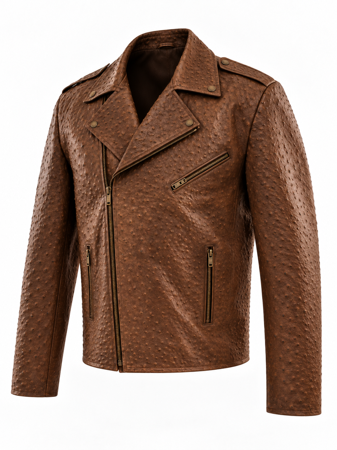 Men's Cognac Ostrich-Textured Leather Moto Jacket