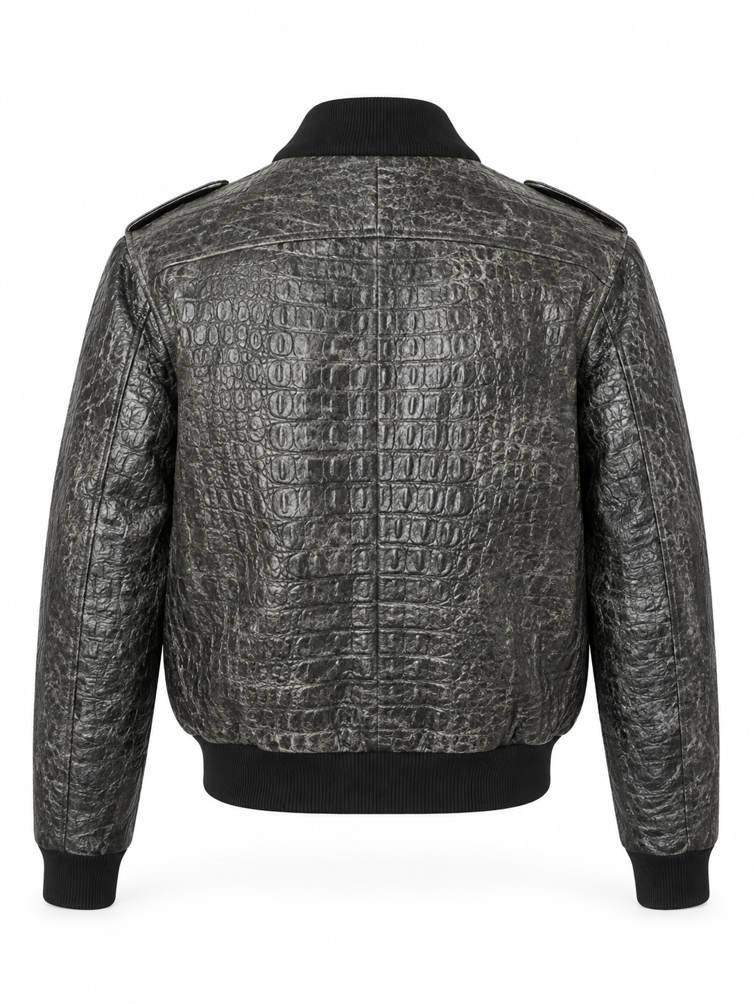 Men's Crocodile Embossed Leather Jacket – Distressed, Vintage Bomber Style