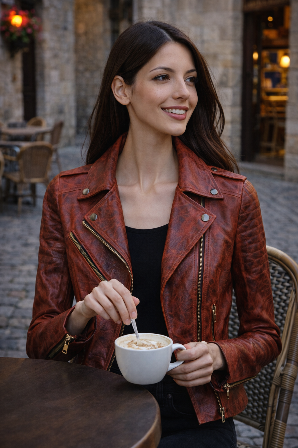 Women's Vintage Flame Leather Moto Jacket – Crimson & Rust Animal Embossed