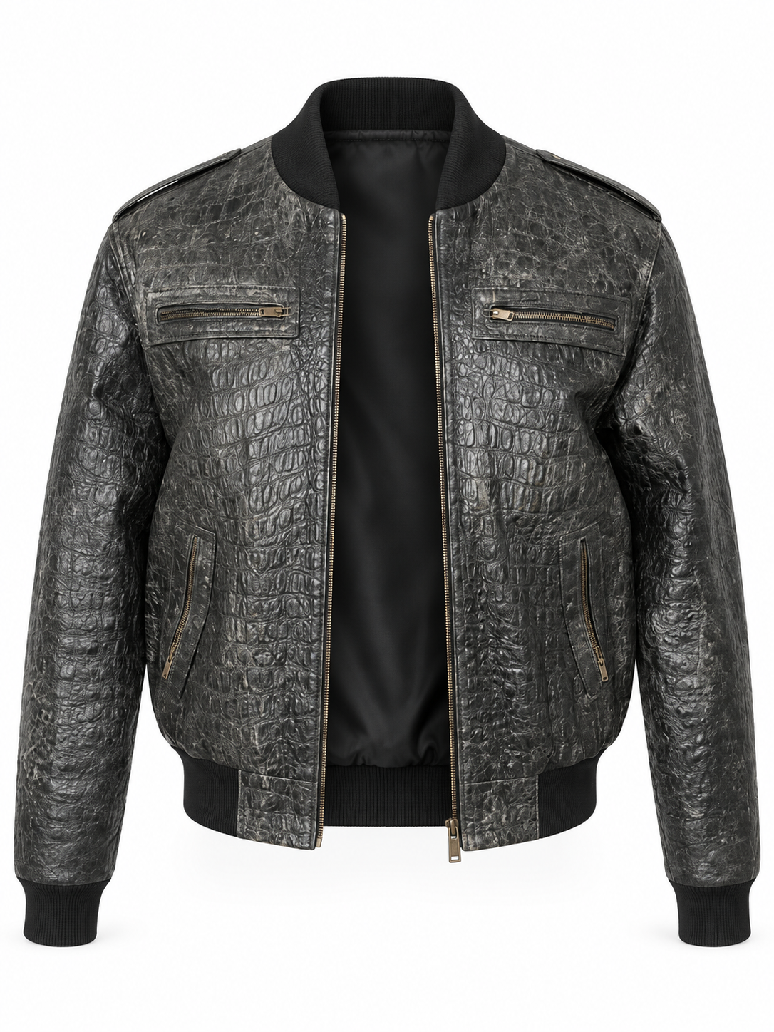 Men's Crocodile Embossed Leather Jacket – Distressed, Vintage Bomber Style