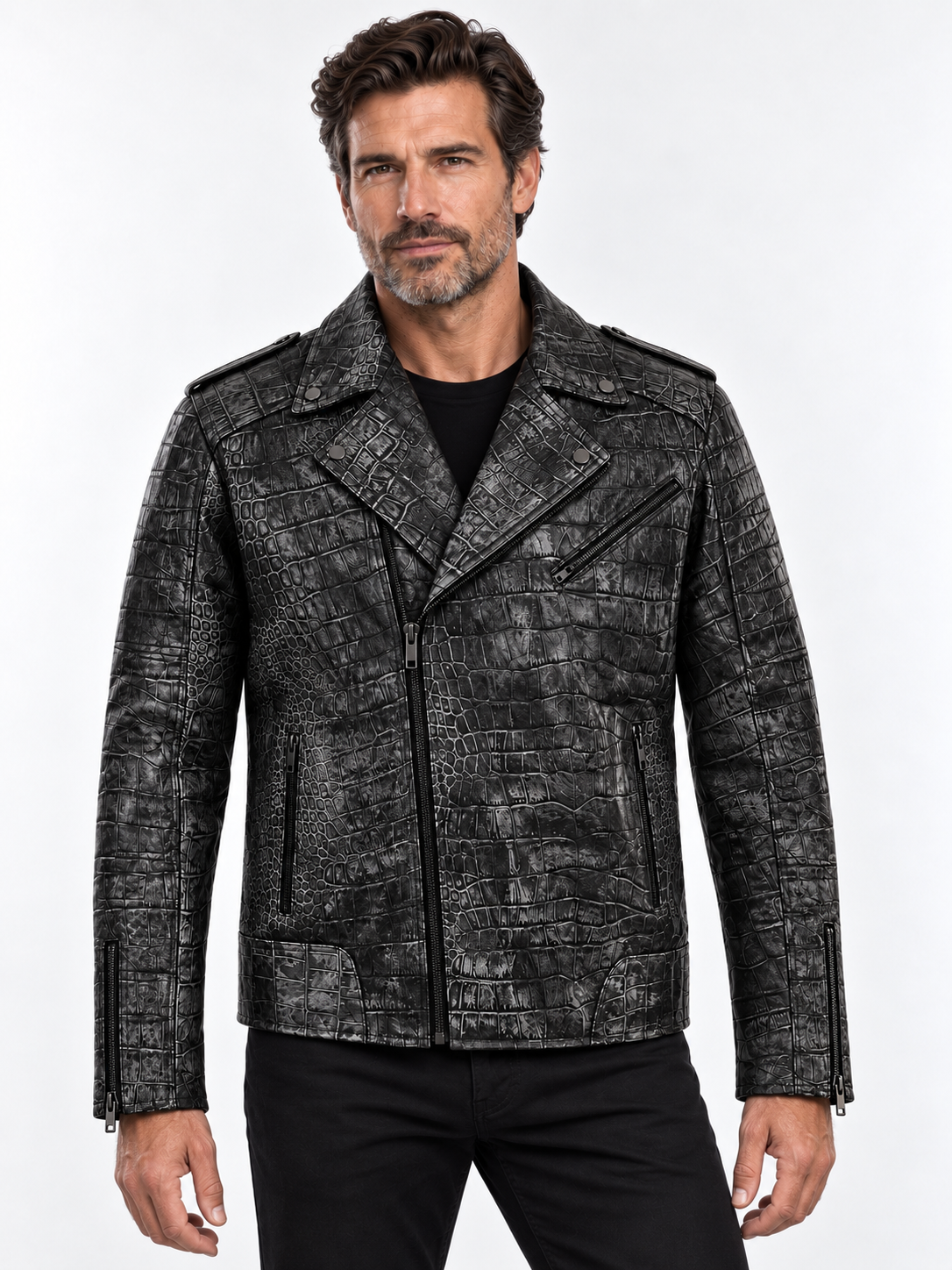 Men's Charcoal Embossed Crocodile Rider Jacket
