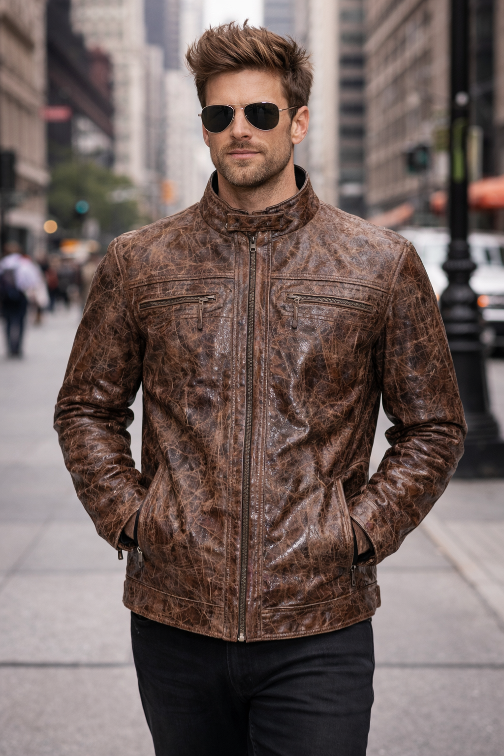 Men's Burnished Effect Leather Rider Jacket Distressed Gloss Brown side view — Minneapolis MN