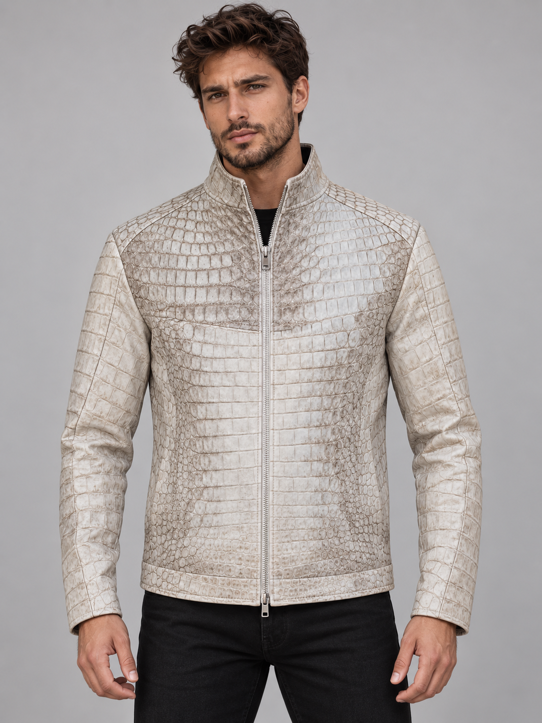 White Genuine Crocodile Leather Jacket – Men’s High-End Exotic Skin