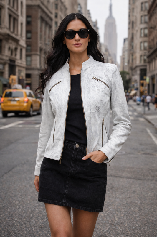 Women's Icy White Lizard-Embossed Leather Jacket – Modern Exotic Statement
