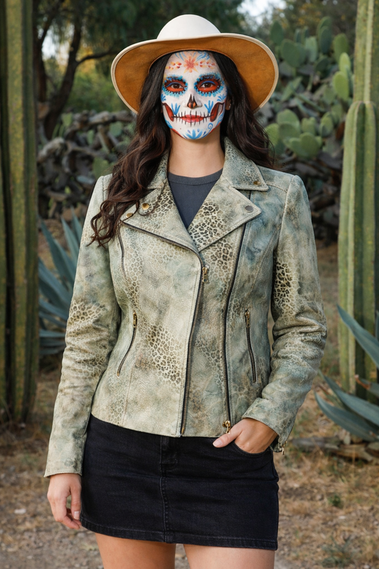Women's Leather Biker Jacket – Subtle Leopard Pattern & Distressed Finish
