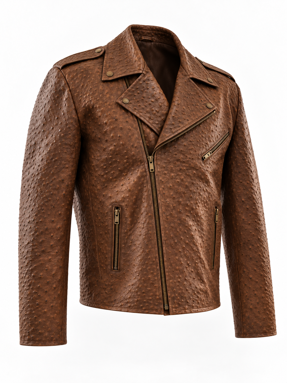 Men's Cognac Ostrich-Textured Leather Moto Jacket
