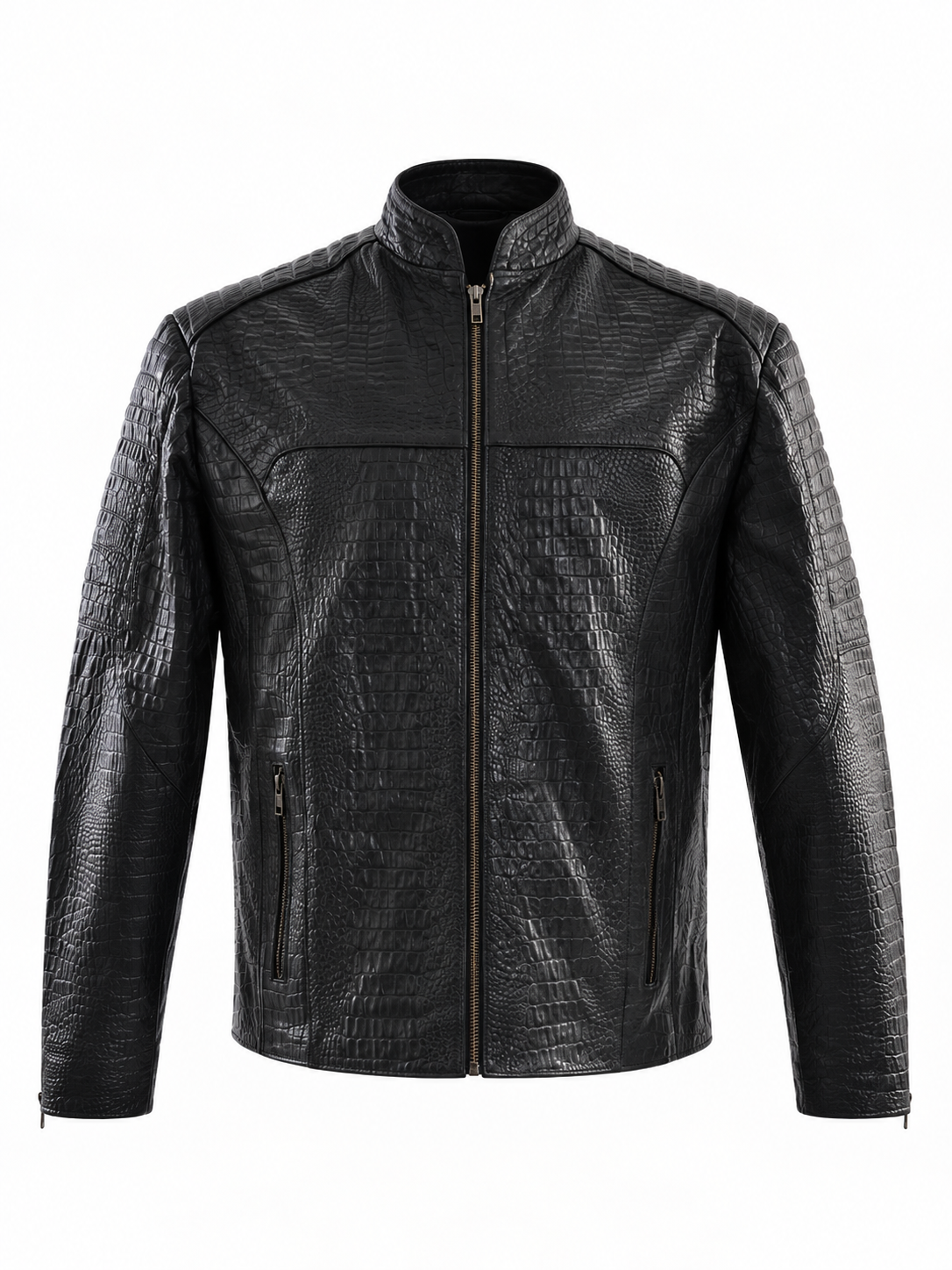 Men's Midnight Croc Leather Jacket – Sleek Black with High-Gloss Exotic