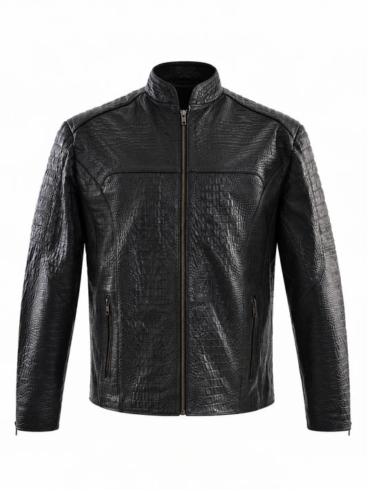 Men's Midnight Croc Leather Jacket – Sleek Black with High-Gloss Exotic