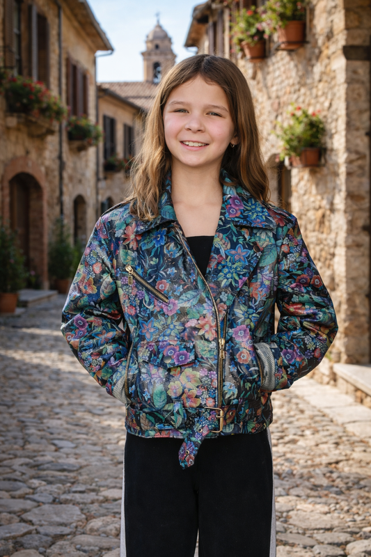 Shiny Floral Print Leather Jacket for Kids – Glossy Botanical