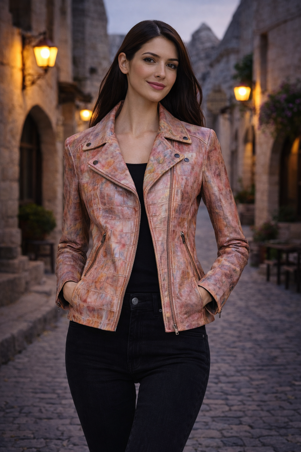 Women's Vivid Croc Leather Biker Jacket – Hand-Stained Artistic Expression