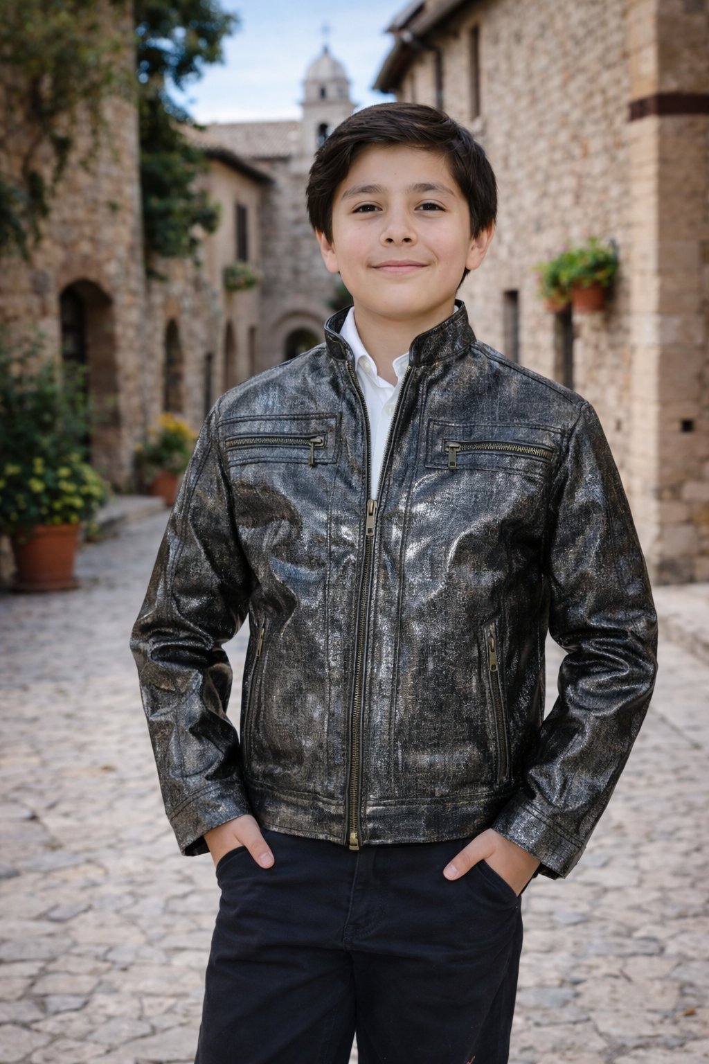 Kids Metallic Coated Leather Jacket – Black & Bronze Moto Style