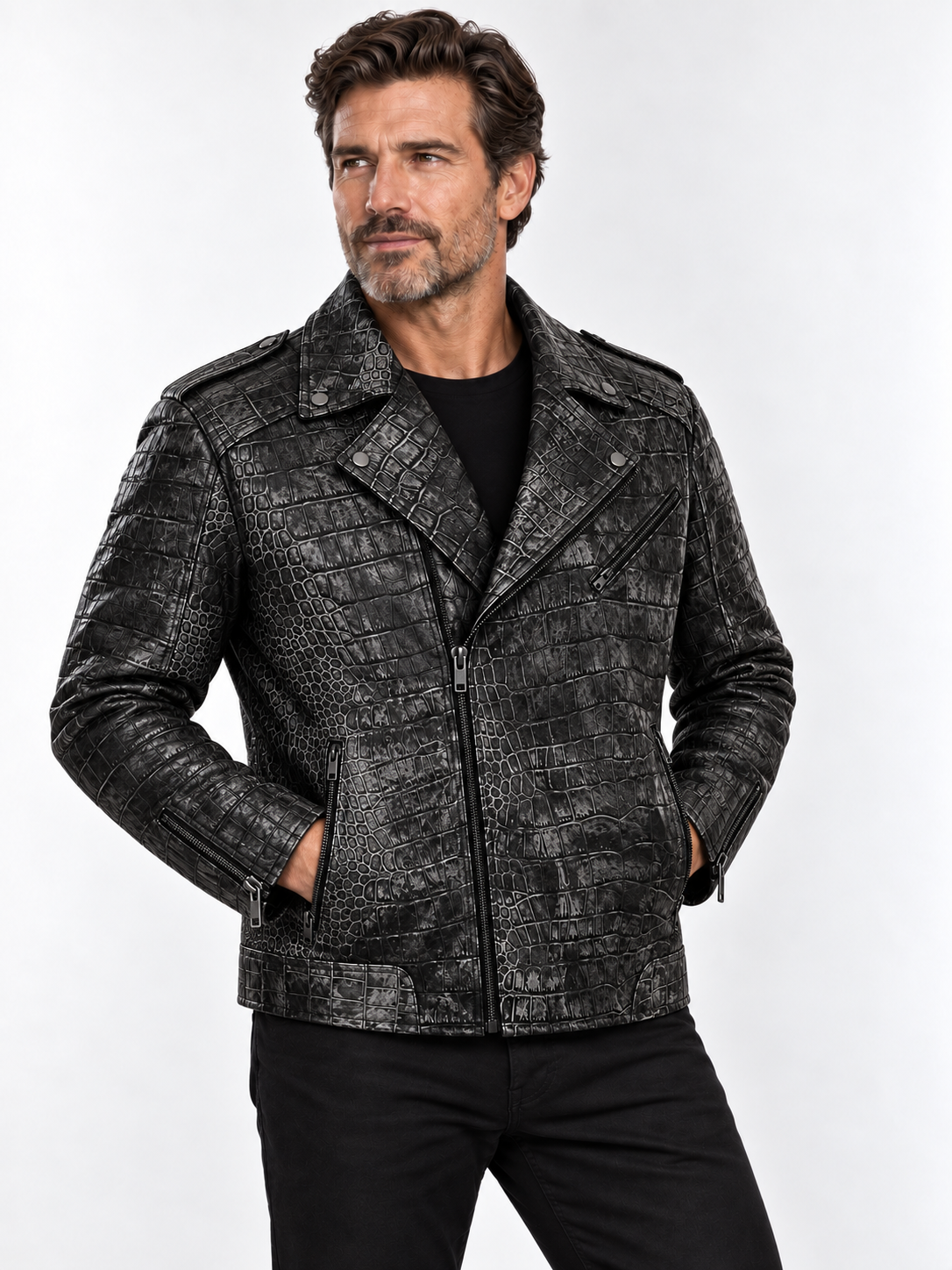 Men's Charcoal Embossed Crocodile Rider Jacket