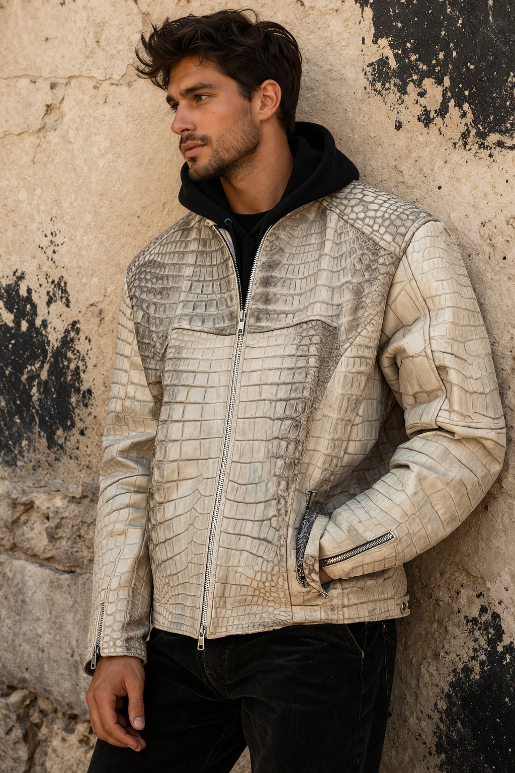 White Genuine Crocodile Leather Jacket Men front view — Los Angeles CA