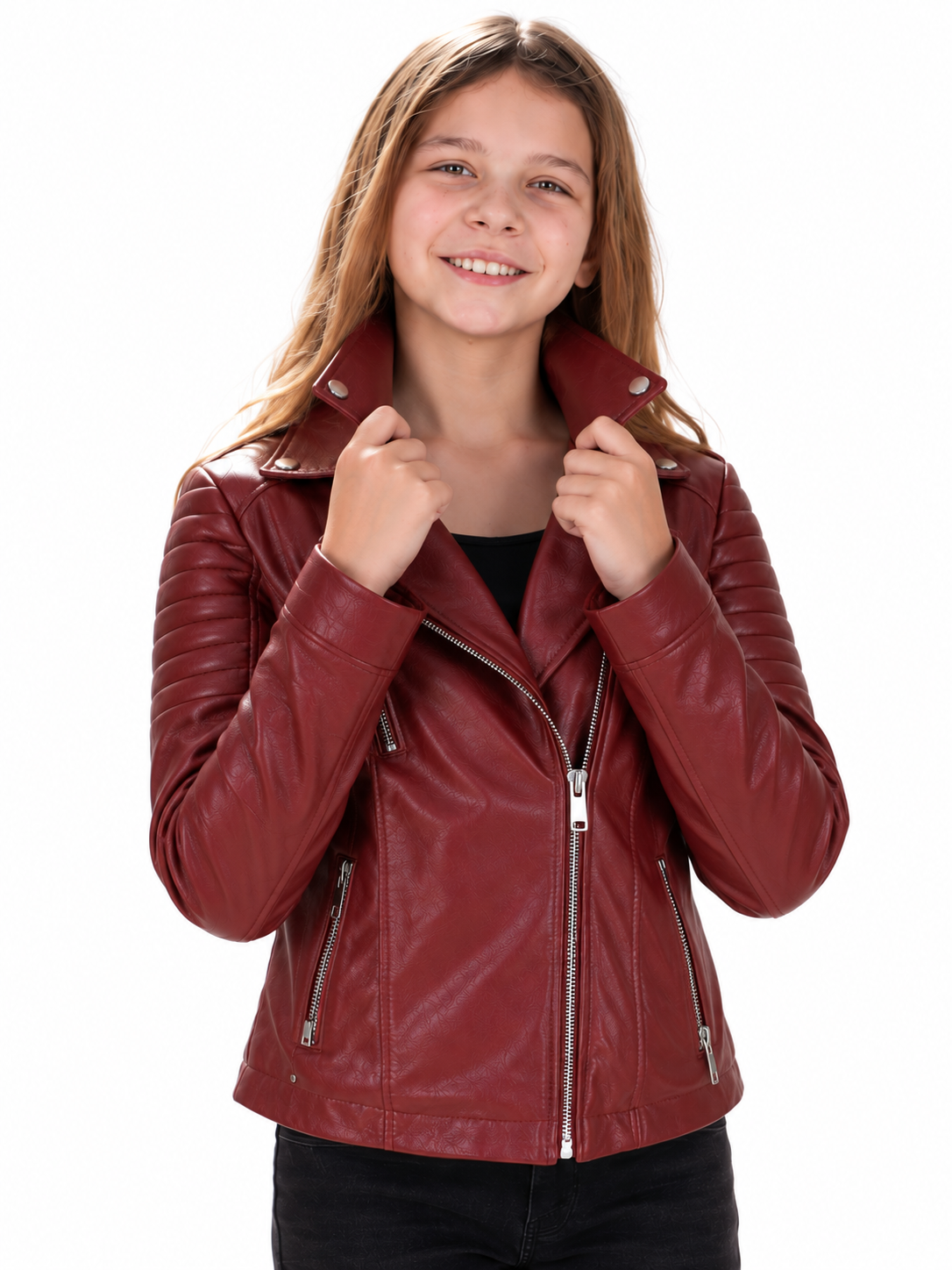 Burgundy Rebel — Girls’ Genuine Leather Moto Jacket
