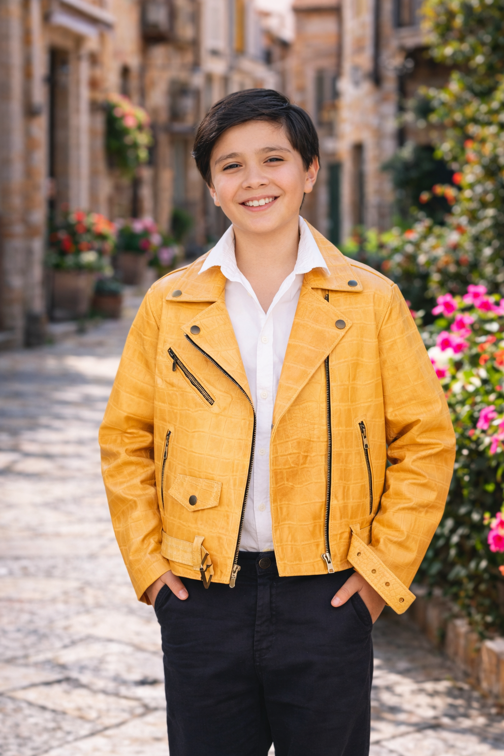 Kids Yellow Crocodile-Embossed Leather Biker Jacket