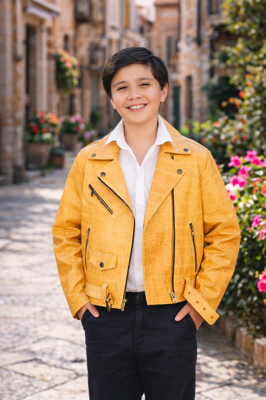 Kids Yellow Crocodile-Embossed Leather Biker Jacket