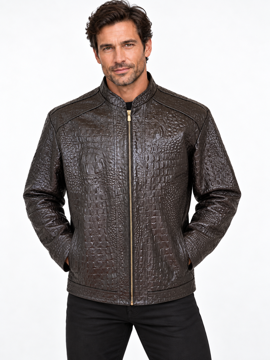 Men’s Crocodile Embossed Leather Jacket – Handcrafted Brown Rider