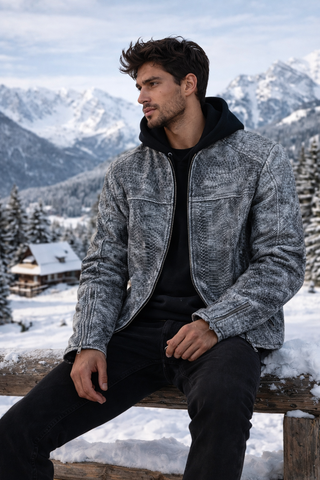 Men's Unique Wash Gray Snake-Embossed Leather Jacket – Artisan Hand-Colored